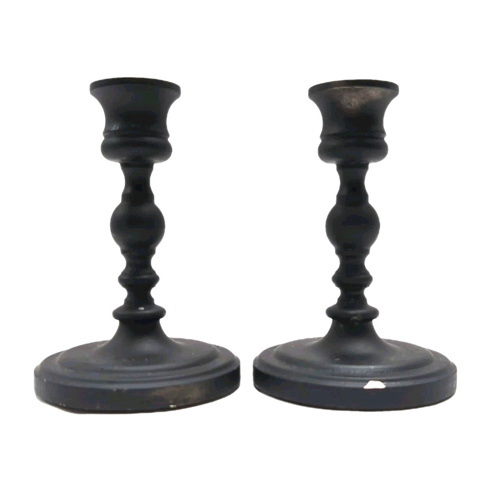 Baldwin Pair Candlesticks Taper Candle Holders‎ Classic Black Metal 4.5" FLAWS